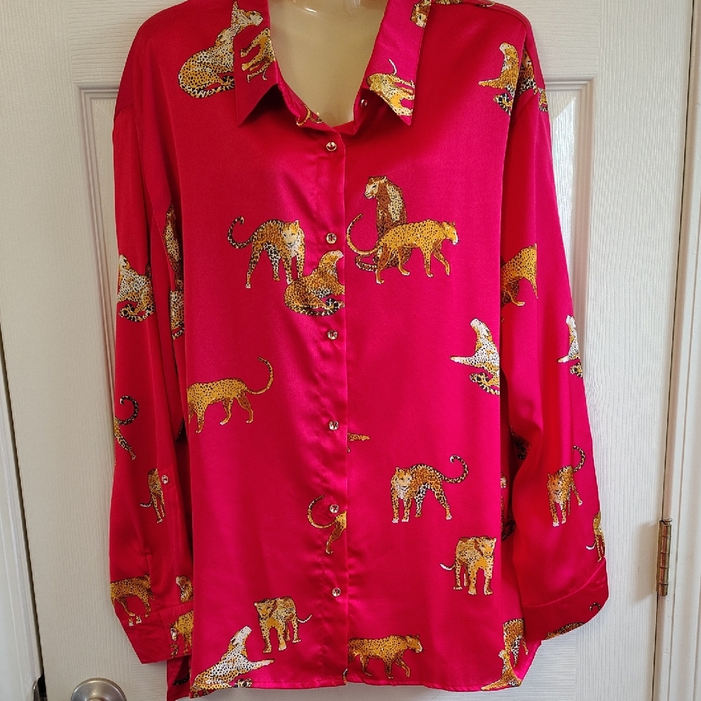Umgee Red Animal Print Button-Up Blouse